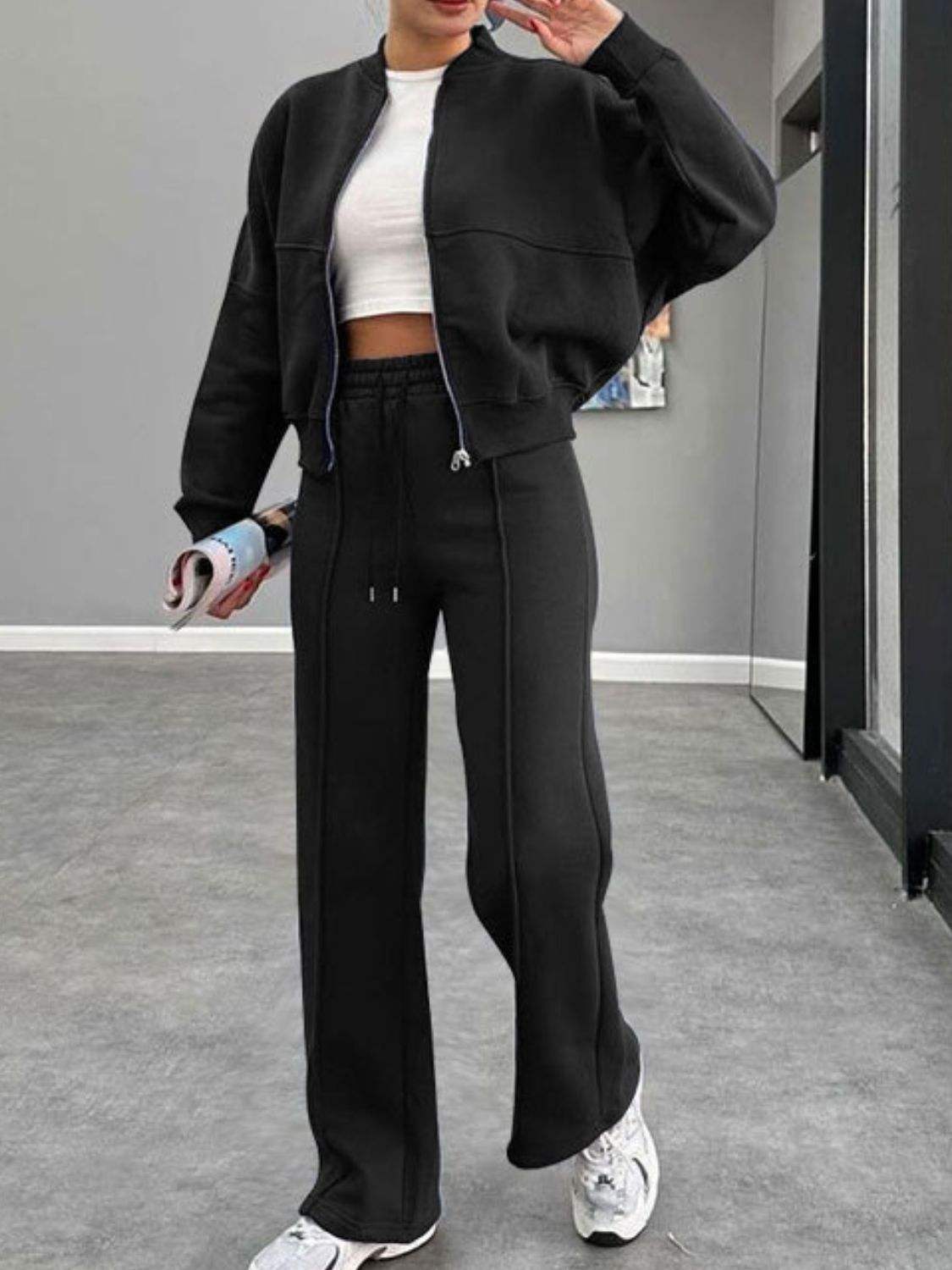 Baseball Collar Zip Up Outerwear and Drawstring Pants Set - Trendsi - Flyclothing LLC