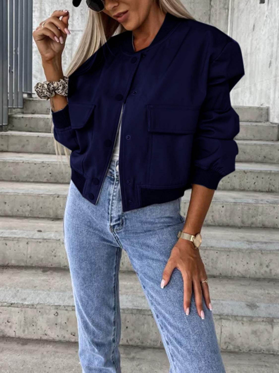 Baseball Collar Dropped Shoulder Jacket - Trendsi - Flyclothing LLC