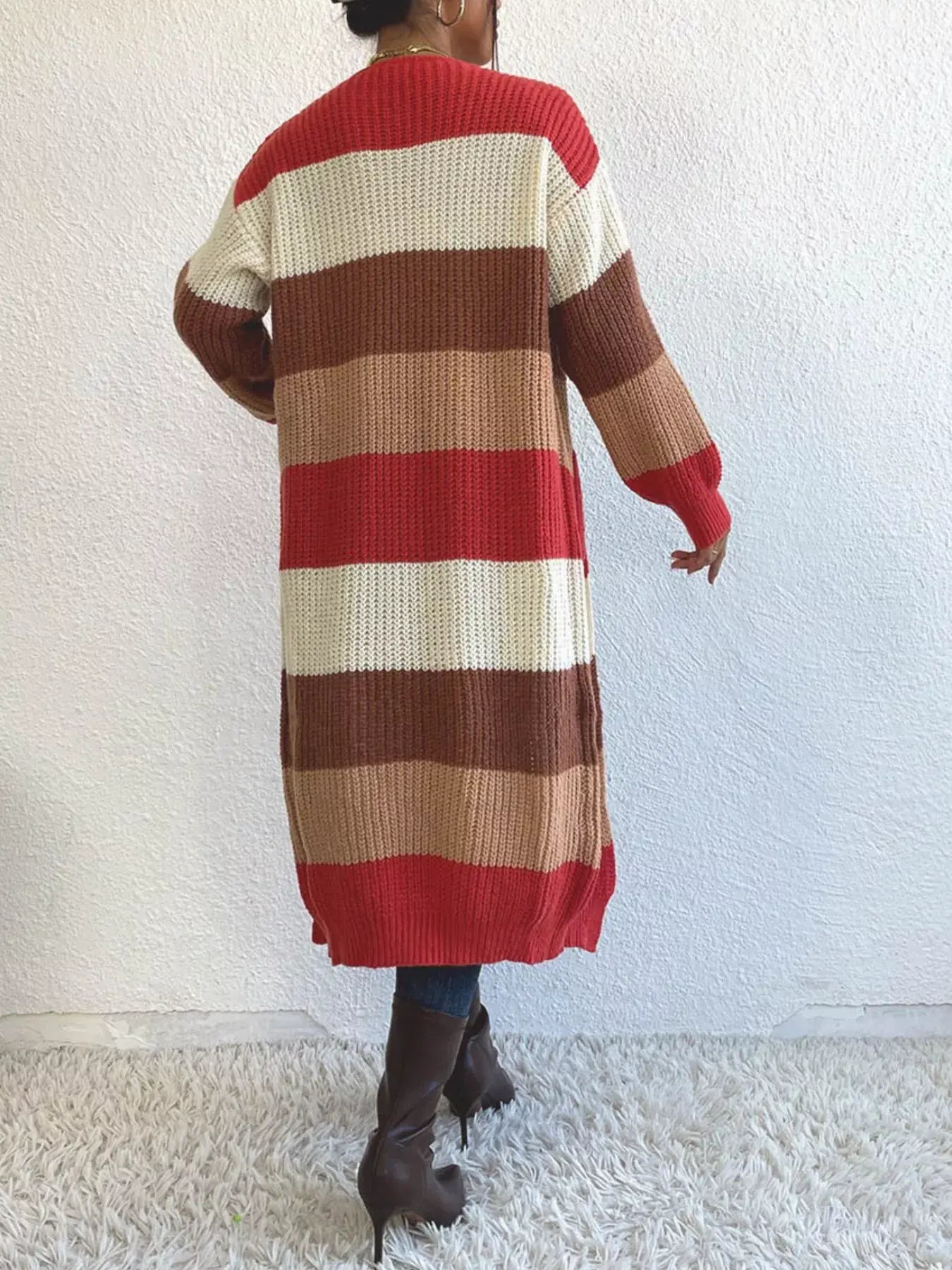 Striped Color Block Open Front Knit Cardigan - Trendsi - Flyclothing LLC