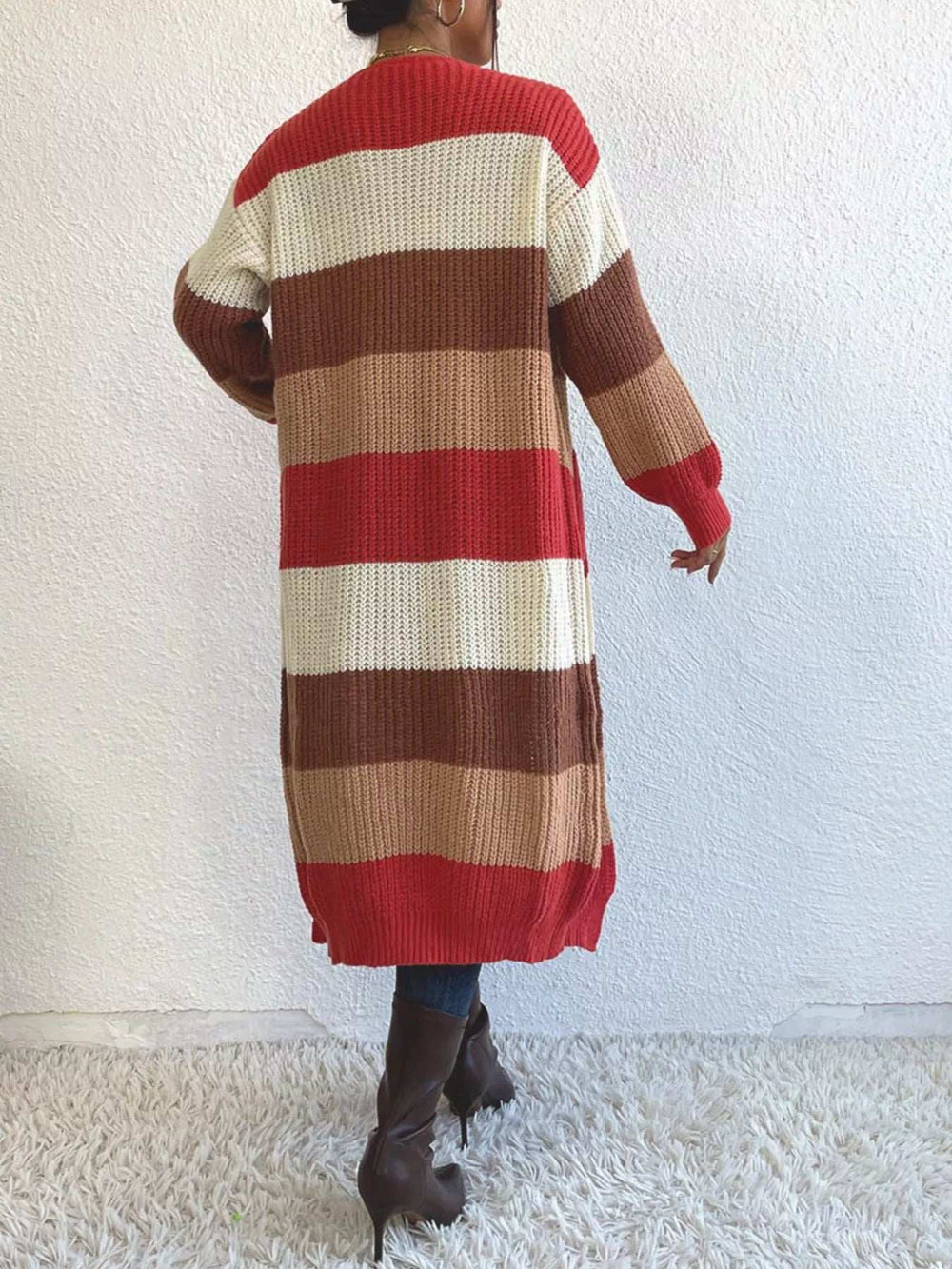 Striped Color Block Open Front Knit Cardigan - Trendsi - Flyclothing LLC