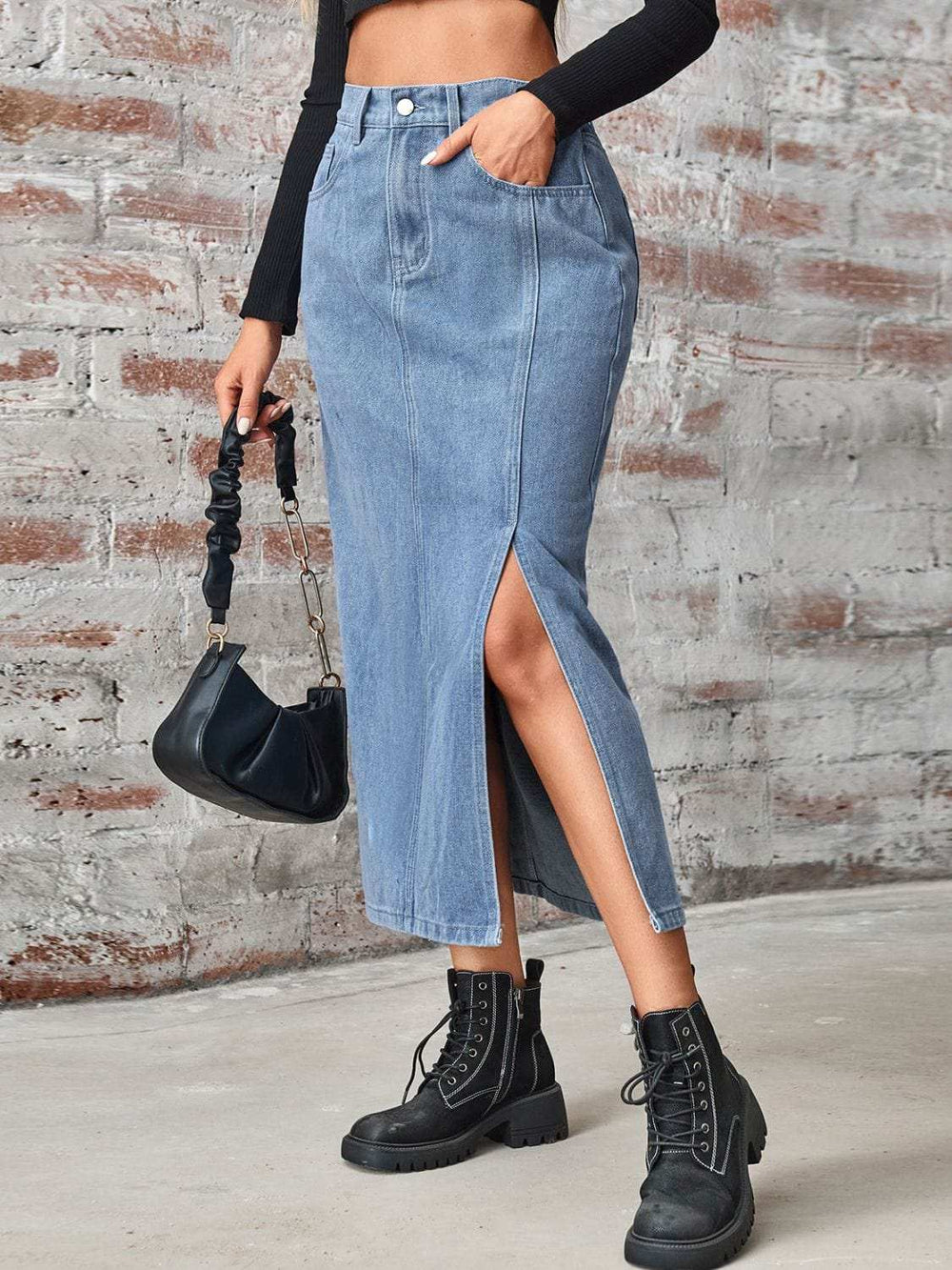 Slit High Waist Denim Skirt with Pockets - Trendsi - Flyclothing LLC