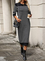Striped Round Neck Long Sleeve Dress - Trendsi - Flyclothing LLC
