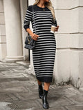 Striped Round Neck Long Sleeve Dress - Trendsi - Flyclothing LLC