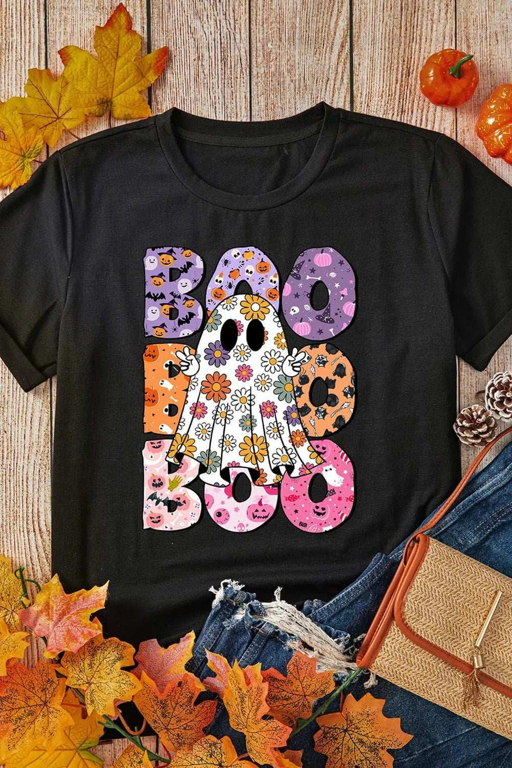 BOO Ghost Graphic Round Neck Short Sleeve T-Shirt - Trendsi - Flyclothing LLC