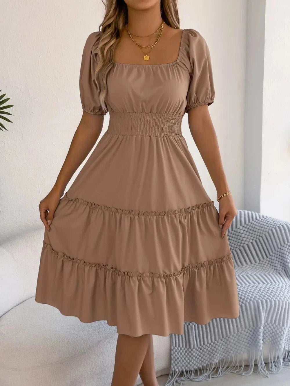 Square Neck Short Puff Sleeve Dress - Trendsi - Flyclothing LLC