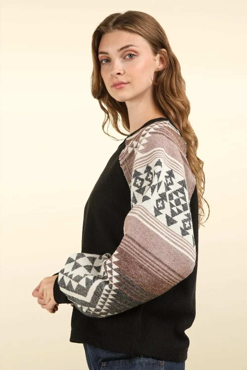 VERY J Printed Long Sleeve Round Neck Knit Top - Trendsi - Flyclothing LLC