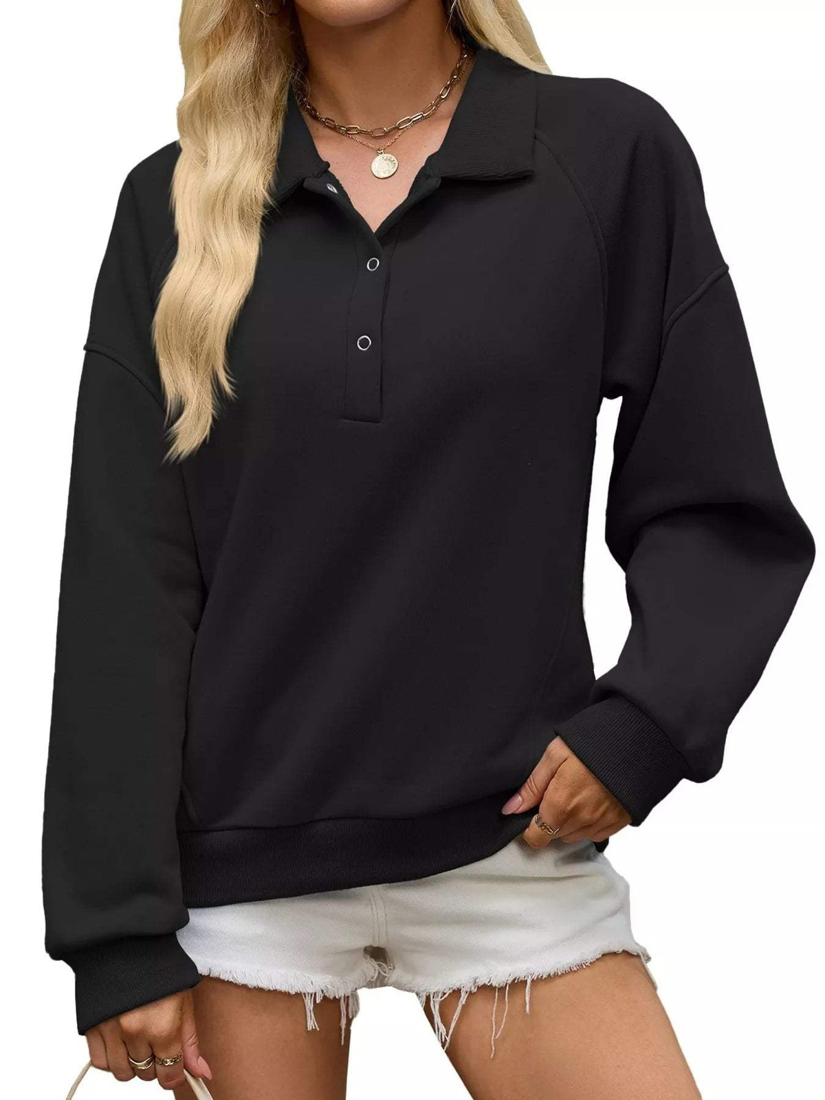 Button Detail Dropped Shoulder Sweatshirt - Trendsi - Flyclothing LLC