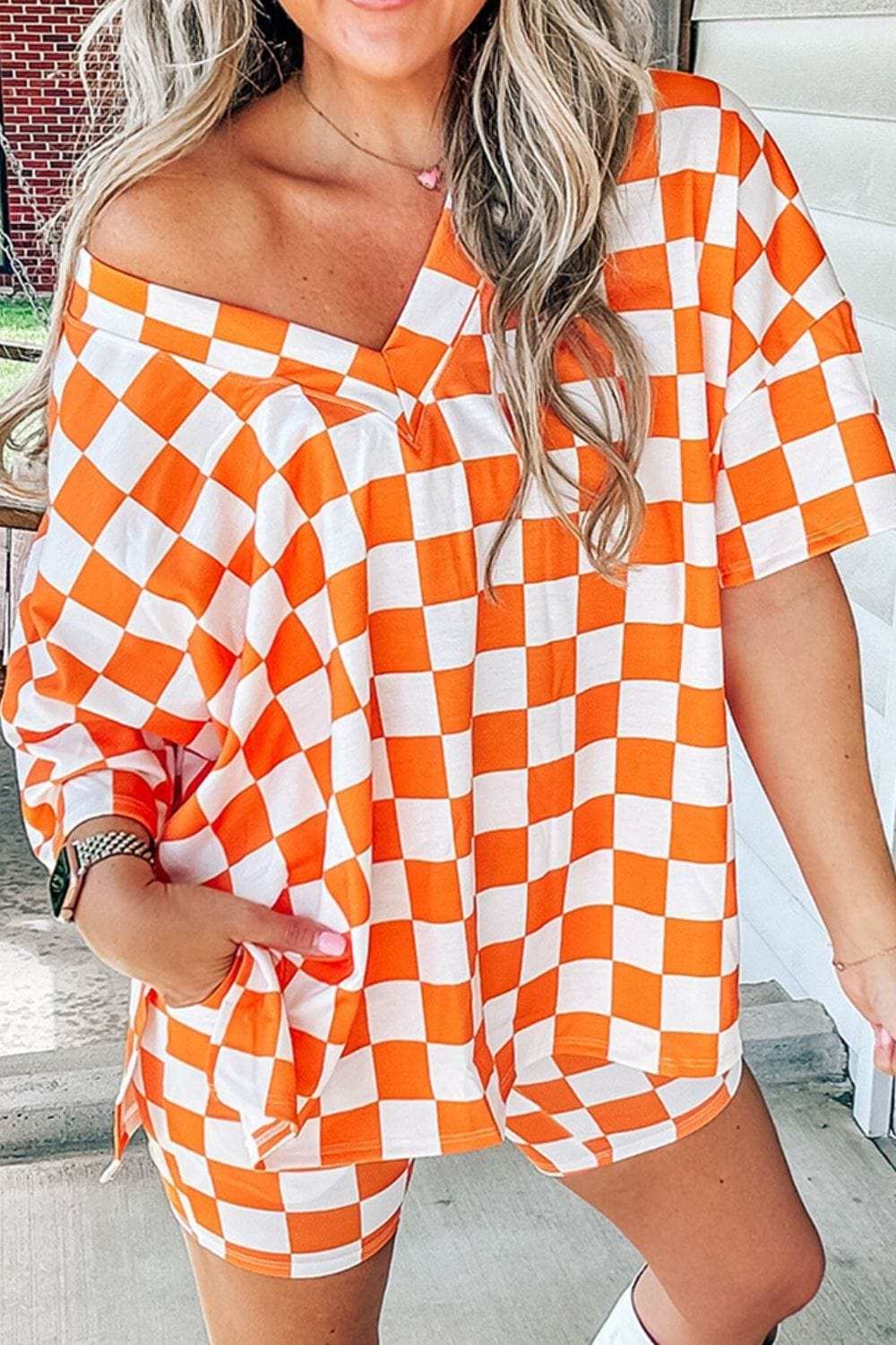 Checkerboard V Neck Loose Tee and Shorts Set - Trendsi - Flyclothing LLC