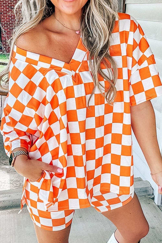 Checkerboard V Neck Loose Tee and Shorts Set - Trendsi - Flyclothing LLC