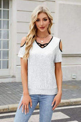 Sequin Crisscross V-Neck Cold Shoulder Blouse - Trendsi - Flyclothing LLC
