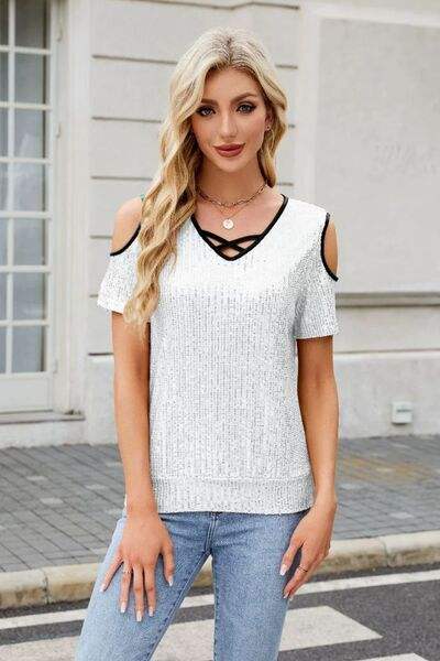 Sequin Crisscross V-Neck Cold Shoulder Blouse - Trendsi - Flyclothing LLC