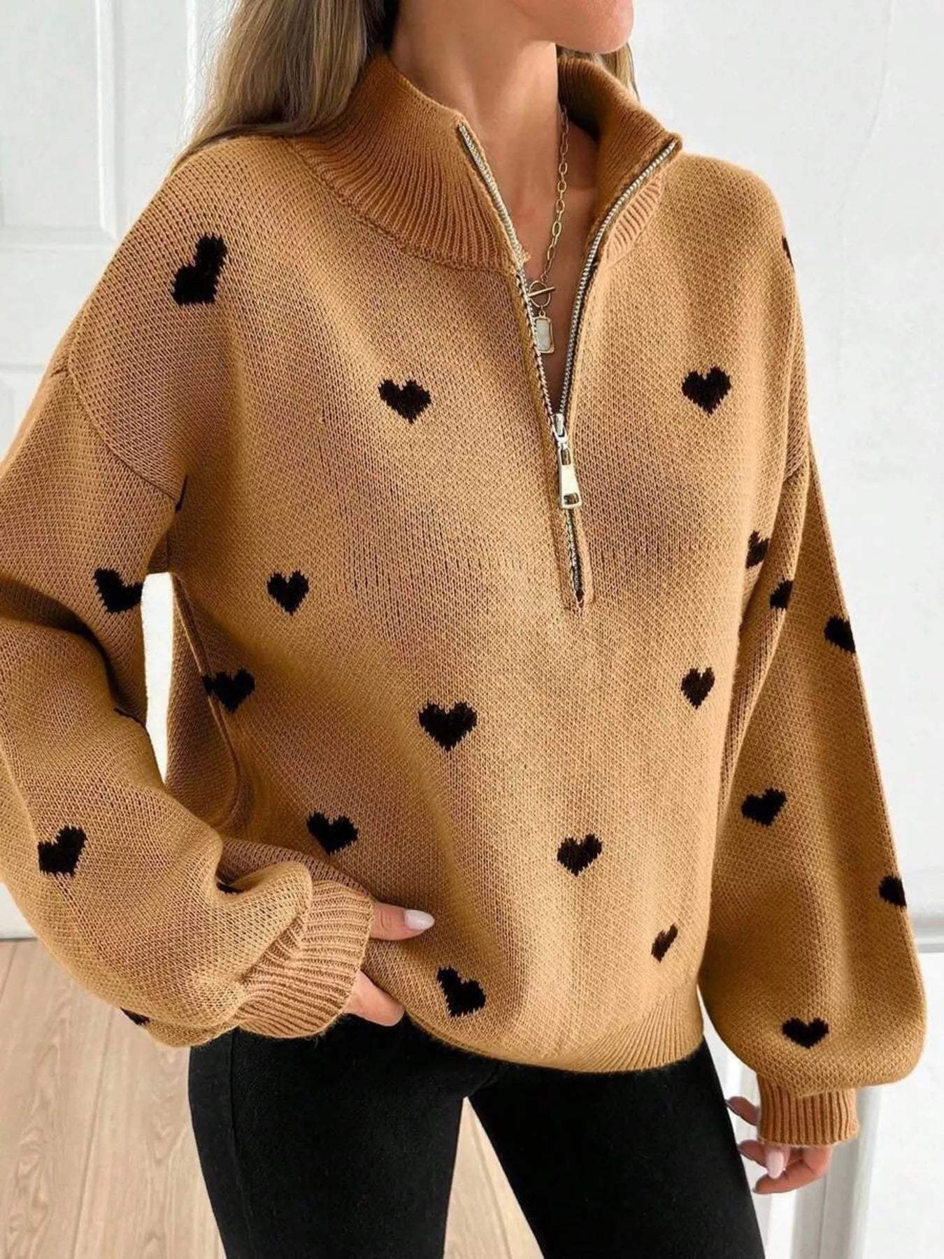 Full Size Heart Half-Zip Long Sleeve Sweater Plus Size - Trendsi - Flyclothing LLC