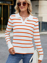 Striped Johnny Collar Long Sleeve Sweater - Trendsi - Flyclothing LLC