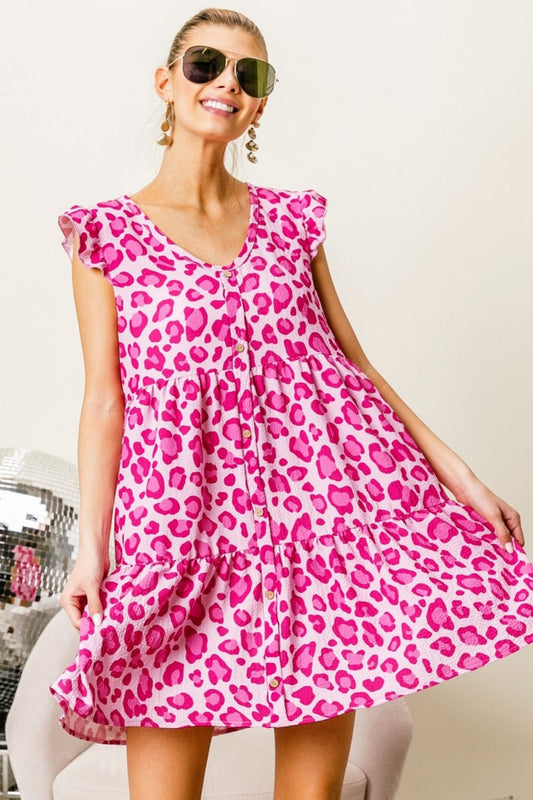 BiBi Leopard Cap Sleeve Tiered Mini Dress - Trendsi