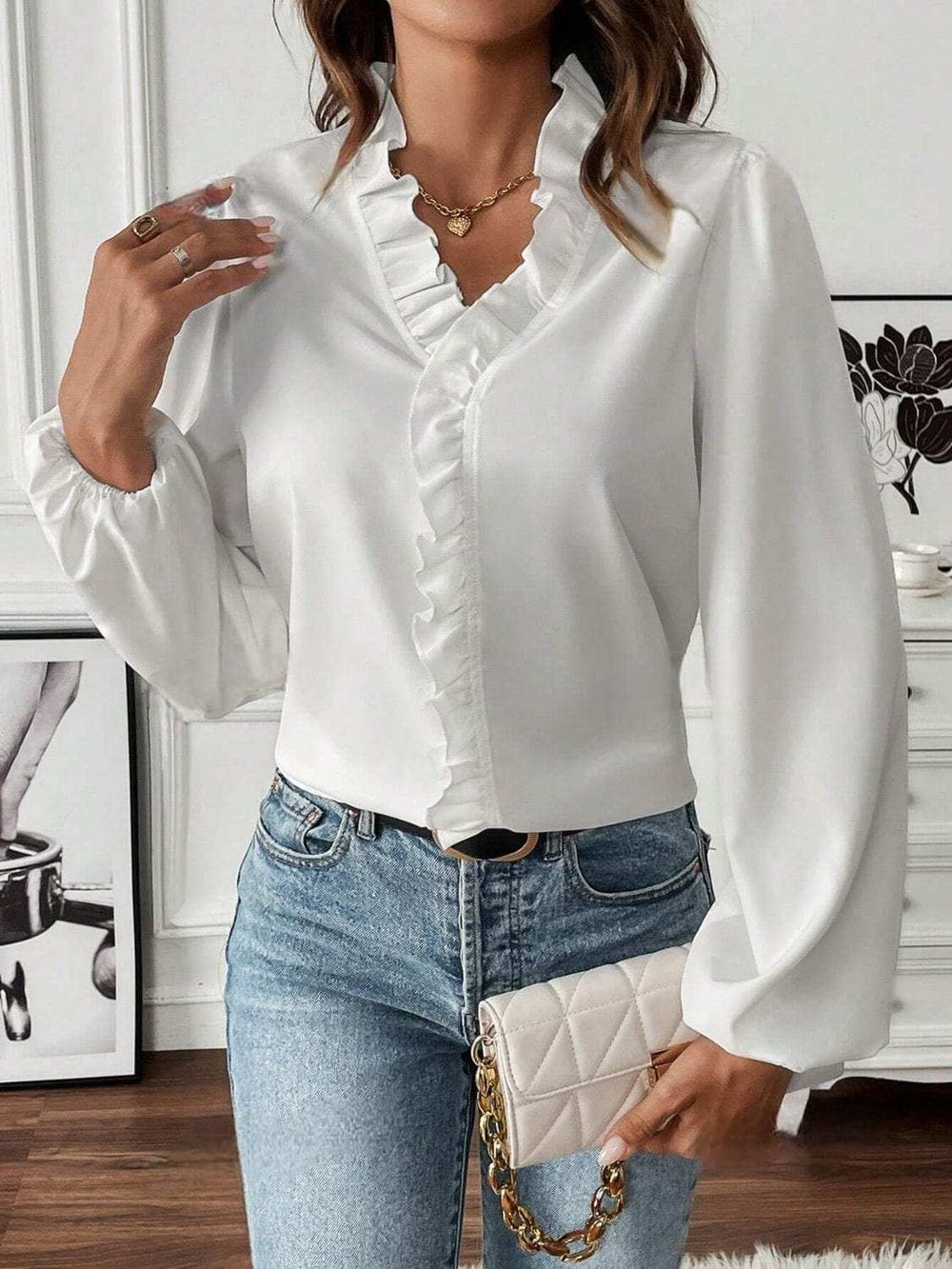 Ruffled V-Neck Long Sleeve Blouse - Trendsi - Flyclothing LLC