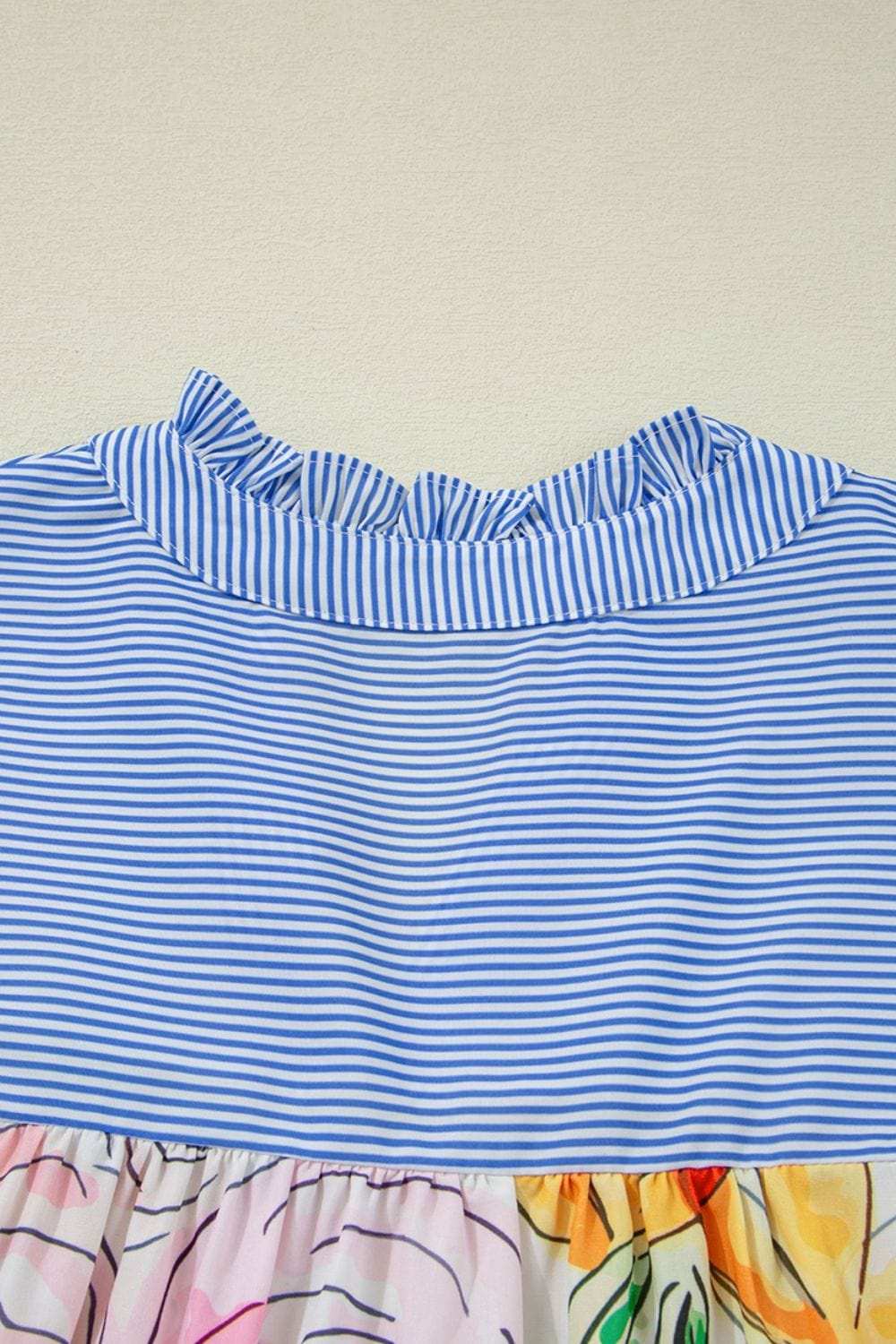 Floral Striped Yoke Frilled Tie Neck Puff Short Sleeve Blouse - Trendsi - Flyclothing LLC