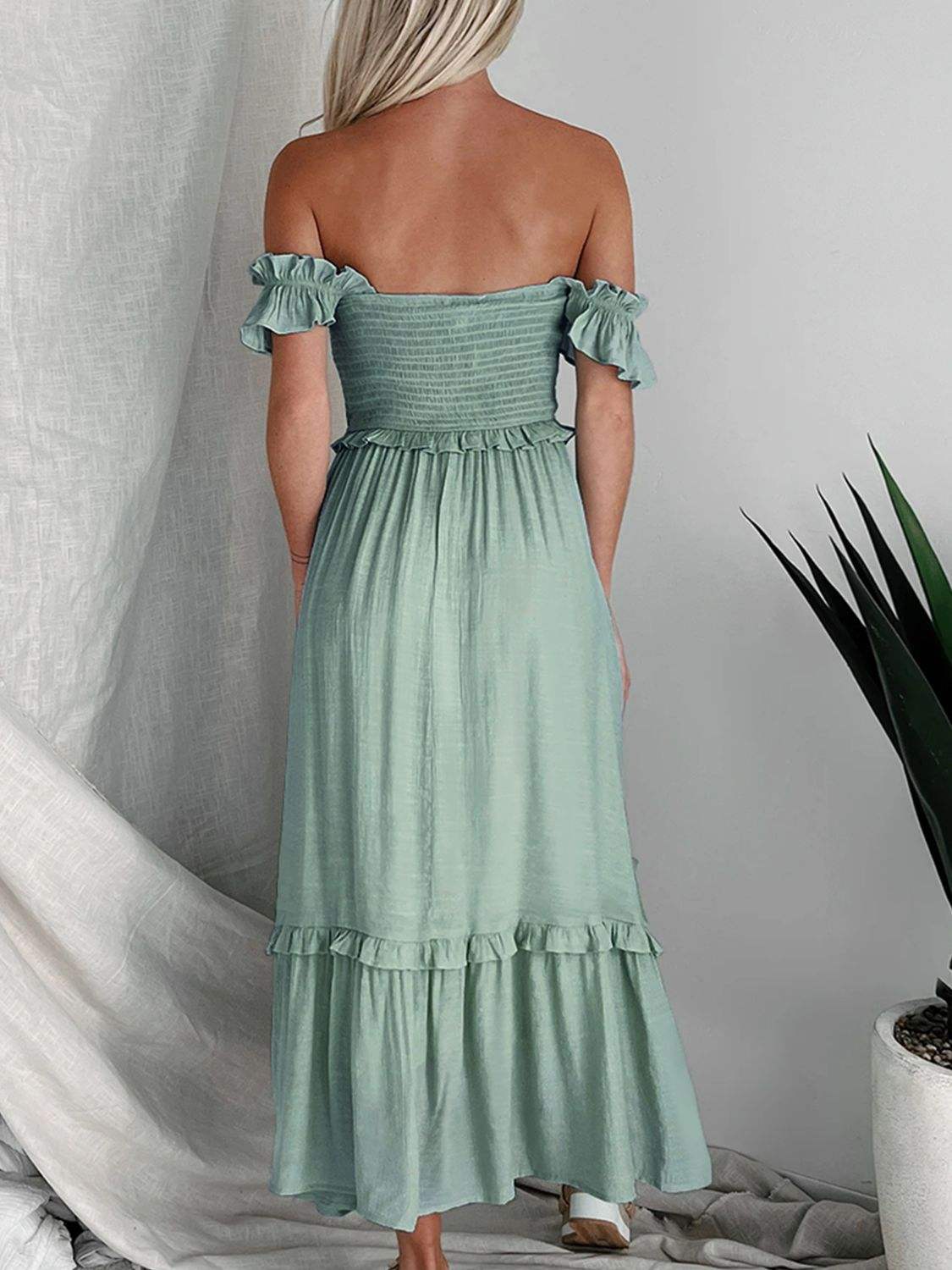 Frill Smocked Off-Shoulder Ruffle Sleeve Dress - Trendsi - Flyclothing LLC