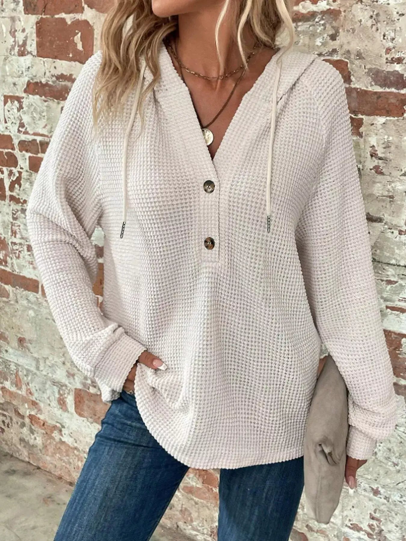 Waffle Knit Button Detail Hoodie - Trendsi - Flyclothing LLC