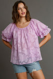 Umgee Full Size Jacquard Round Neck Ruffled Puff Sleeve Blouse Plus Size - Trendsi