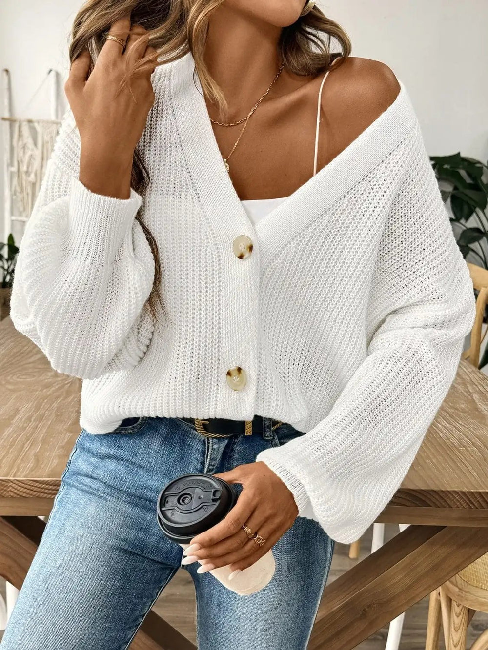 V-Neck Button Up Long Sleeve Cardigan - Trendsi