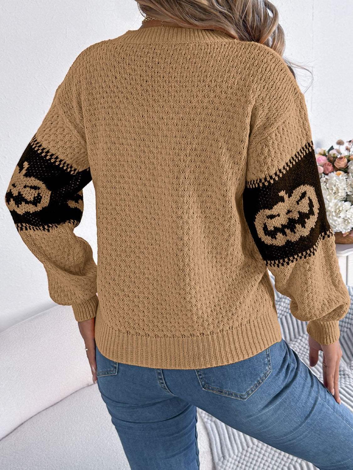 Pumpkin Round Neck Long Sleeve Sweater - Trendsi - Flyclothing LLC