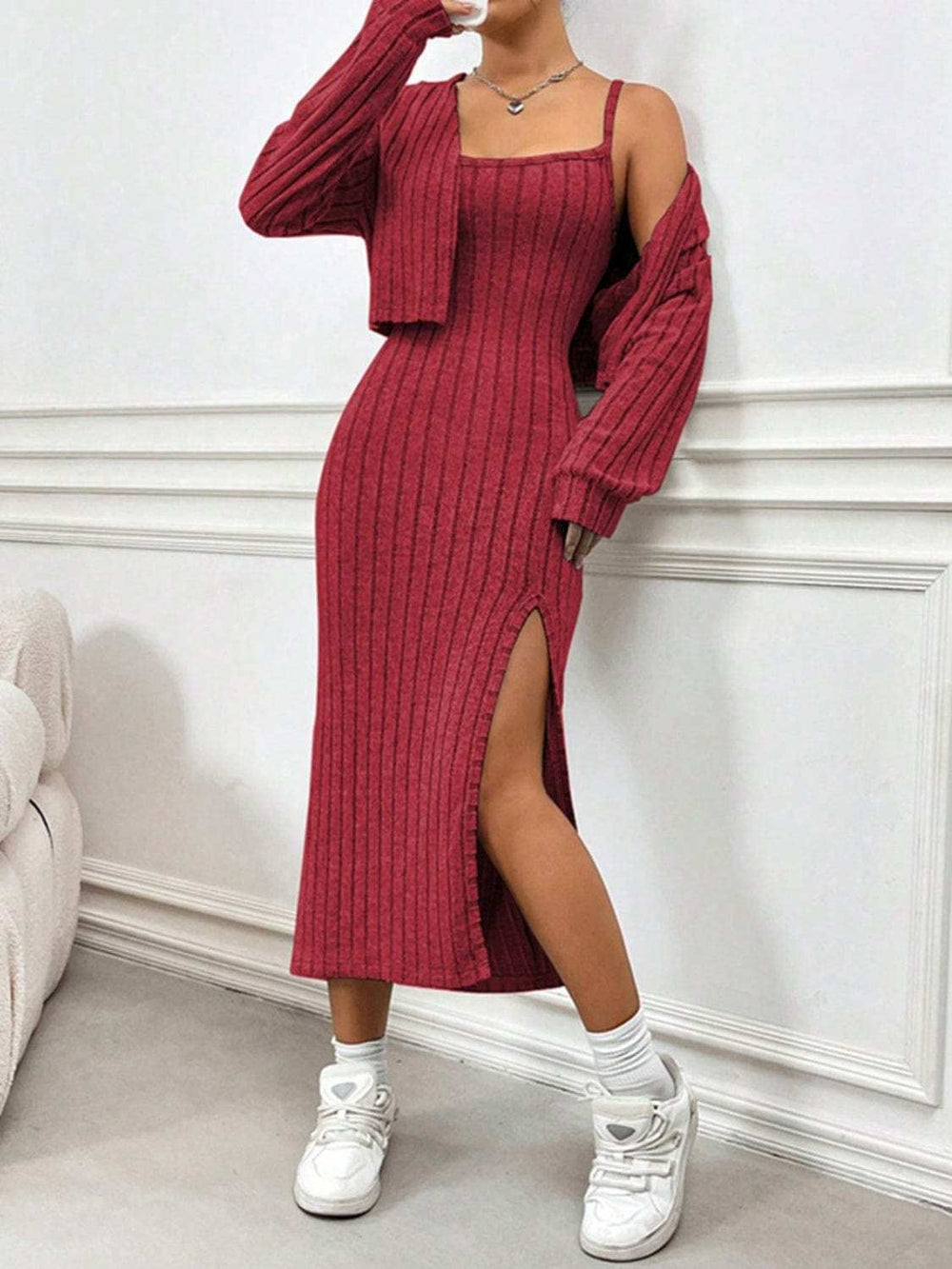 Ribbed Long Sleeve Cropped Cardigan and Slit Cami Dress Set - Trendsi - Flyclothing LLC