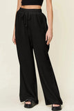 Double Take Full Size Texture Drawstring Wide Leg Pants - Trendsi