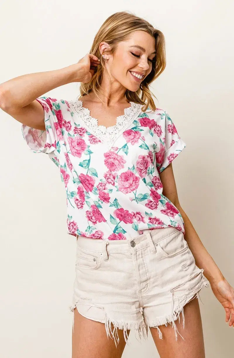 BiBi Rose Printed Poly Span with Crochet Lace Top - Trendsi - Flyclothing LLC