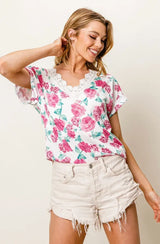 BiBi Rose Printed Poly Span with Crochet Lace Top - Trendsi - Flyclothing LLC