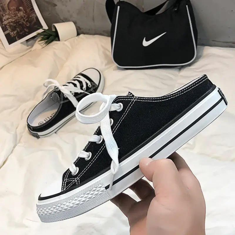 Round Toe Lace-Up Canvas Sneakers - Trendsi - Flyclothing LLC