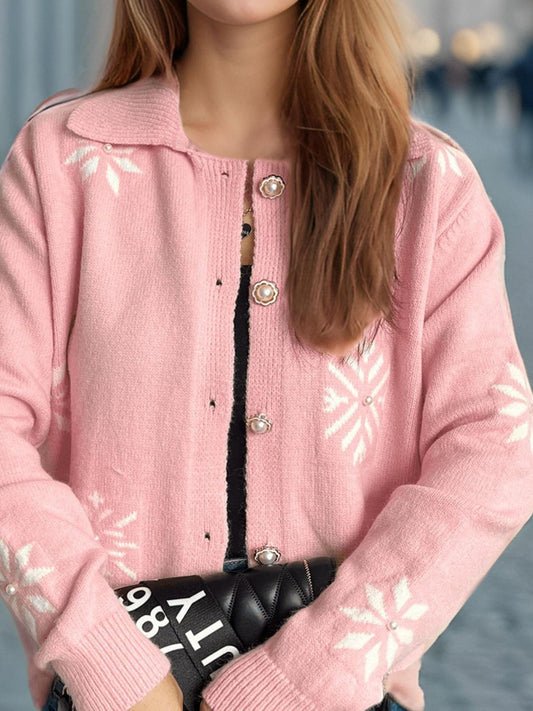 Pearl Trim Collared Neck Long Sleeve Cardigan - Trendsi
