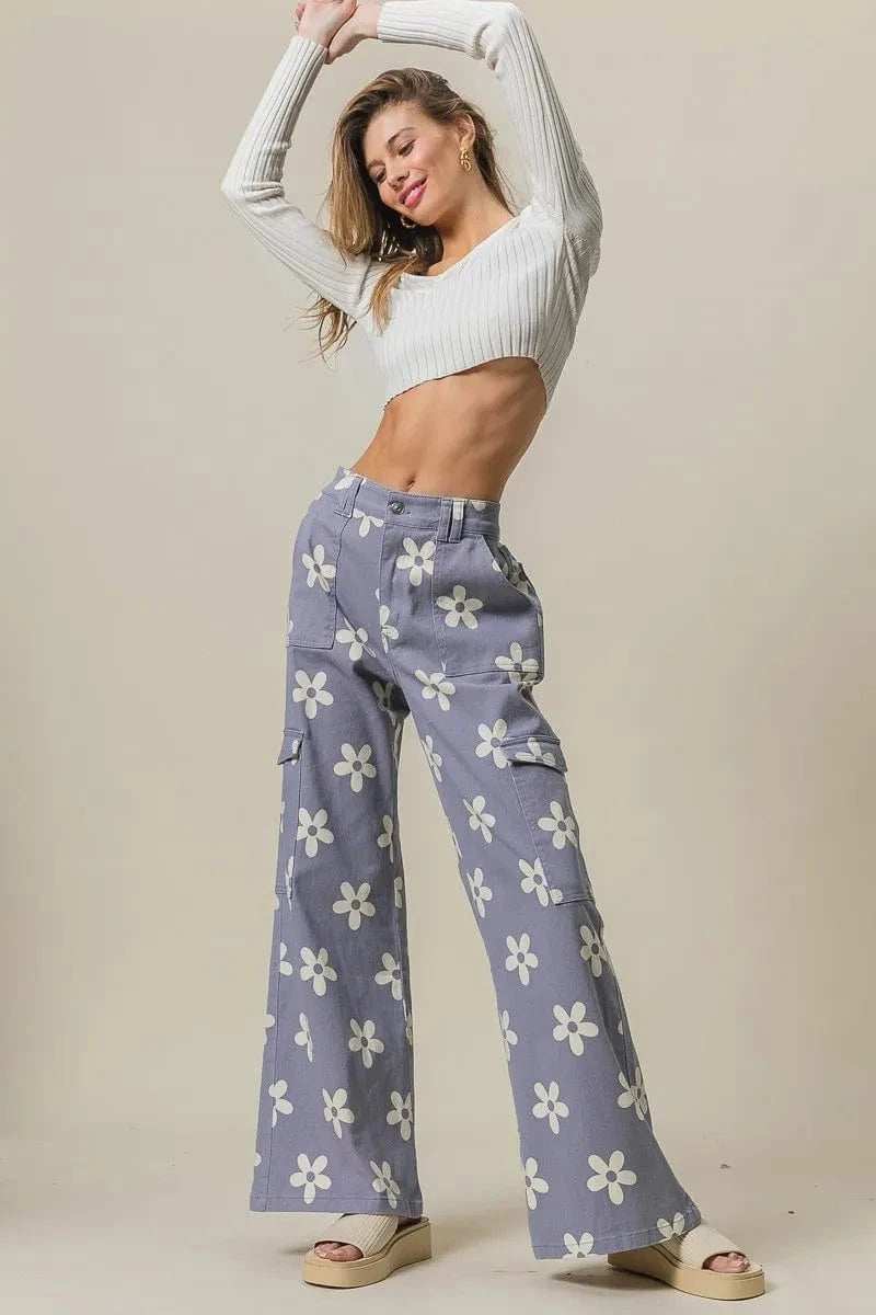 BiBi Flower Printed Side Pocket Wide Pants - Trendsi - Flyclothing LLC