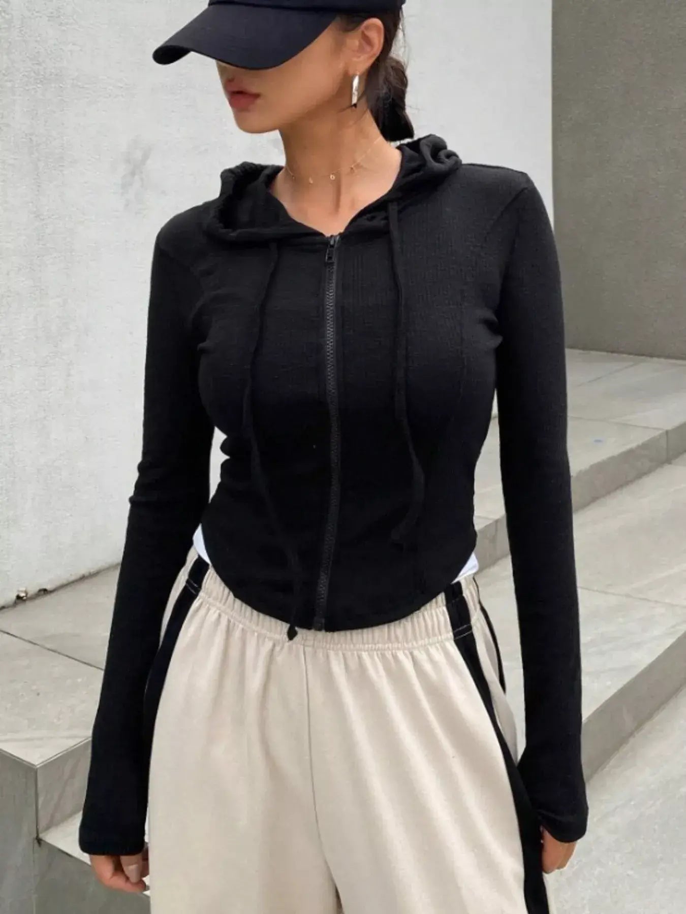 Ribbed Knit Cropped Zip-Up Outerwear - Trendsi - Flyclothing LLC