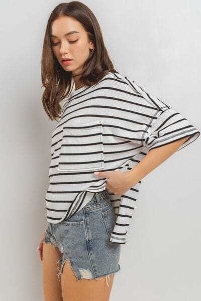 Ces Femme Side Slit Striped Round Neck Half Sleeve T-Shirt - Trendsi - Flyclothing LLC