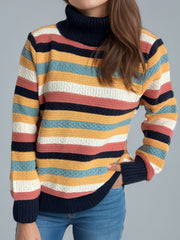 Contrast Stripes Turtleneck Long Sleeve Sweater - Trendsi