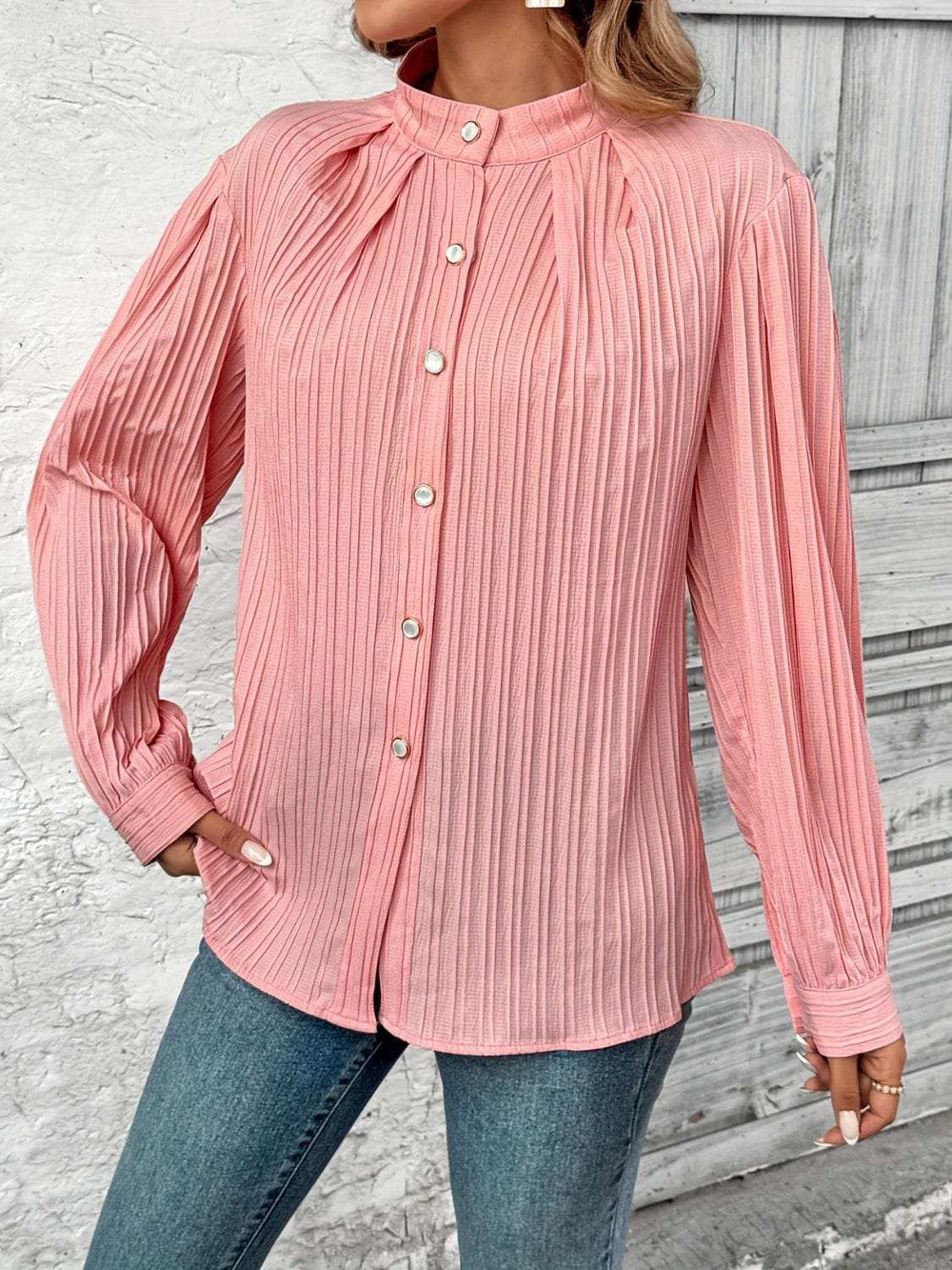 Button Down Mock Neck Long Sleeve Shirt - Trendsi - Flyclothing LLC