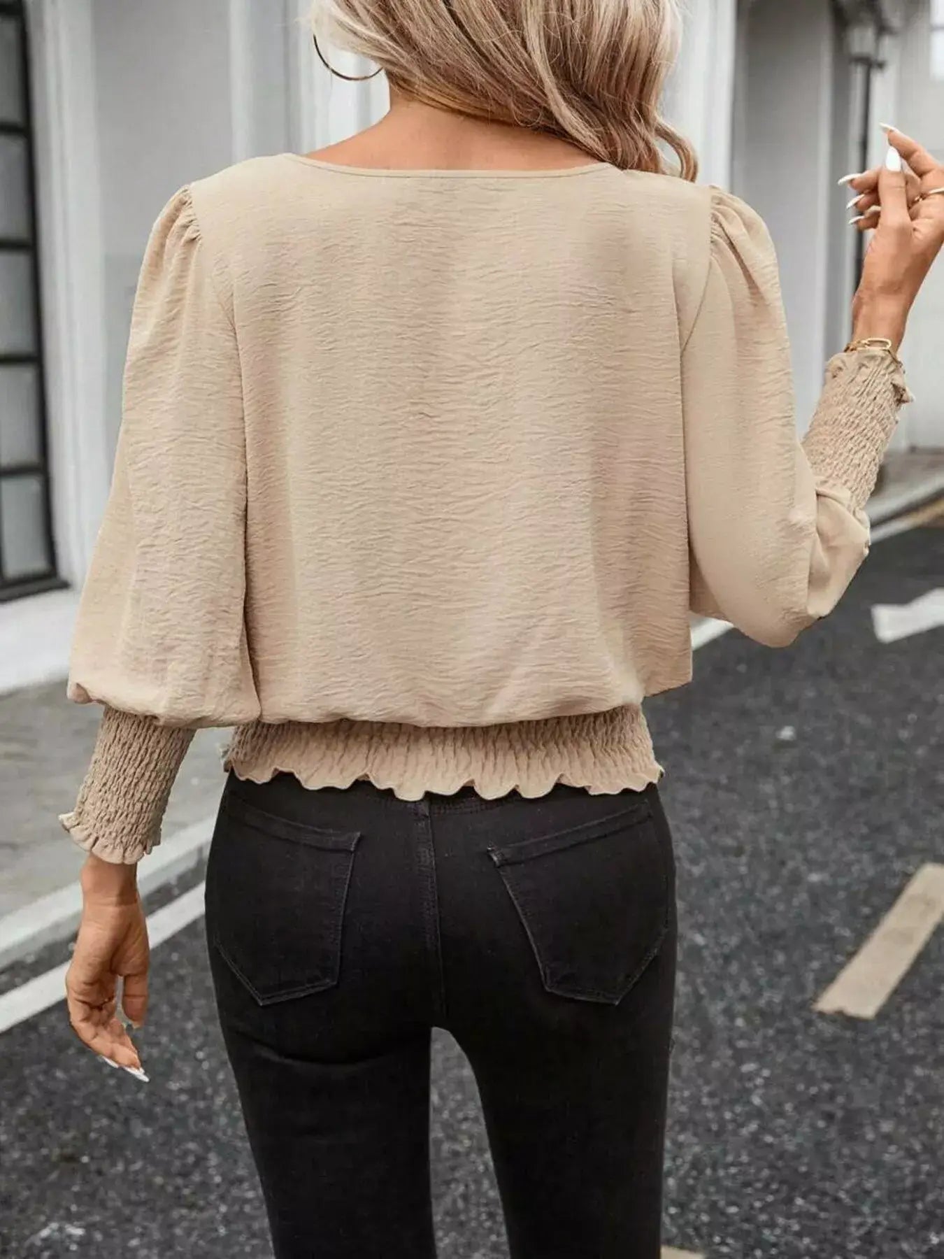 Smocked Waist Round Neck Blouse - Trendsi - Flyclothing LLC