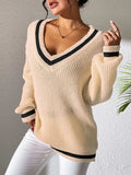 Contrast Trim V-Neck Long Sleeve Sweater - Trendsi - Flyclothing LLC