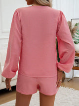 Tied Long Sleeve Top and Shorts Set - Trendsi - Flyclothing LLC