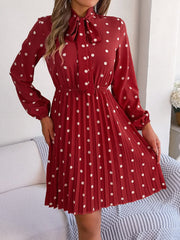 Polka Dot Tie Neck Pleated Dress - Trendsi