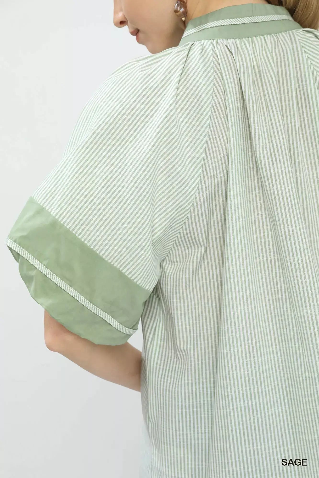 Umgee Striped Mixed Puff Sleeve Blouse - Trendsi - Flyclothing LLC