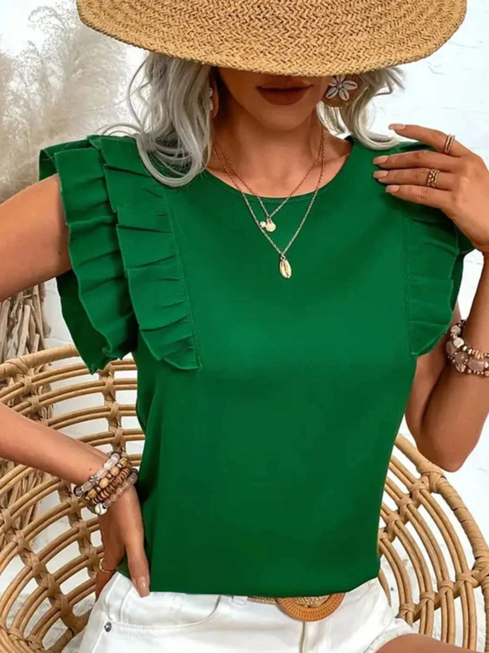 Ruffled Solid Round Neck Cap Sleeve Blouse - Trendsi