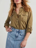 Collared Neck Button Down Denim Top - Trendsi