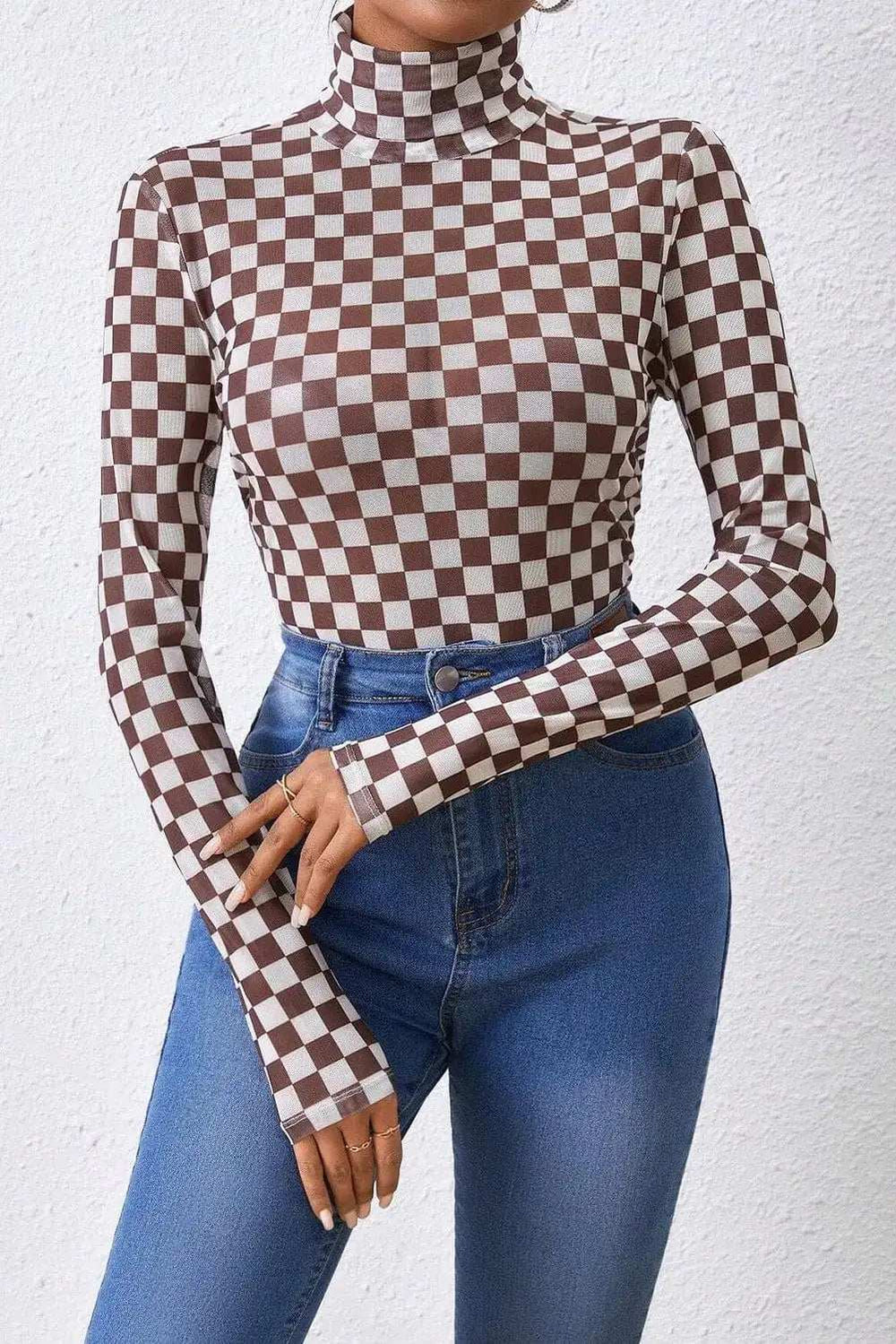 Checkered Turtleneck Long Sleeve Bodysuit - Trendsi - Flyclothing LLC