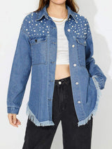 Raw Hem Pearl Trim Collared Neck Denim Top - Trendsi - Flyclothing LLC