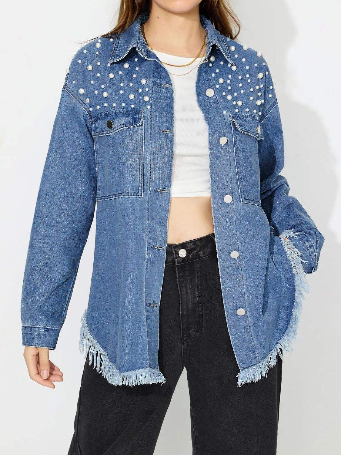 Raw Hem Pearl Trim Collared Neck Denim Top - Trendsi - Flyclothing LLC