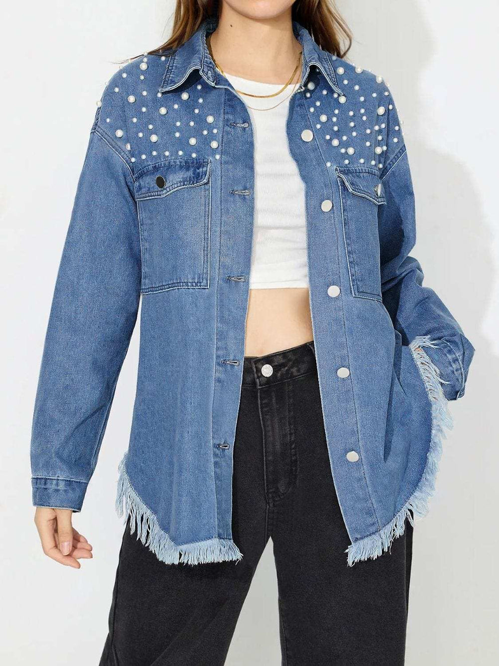 Raw Hem Pearl Trim Collared Neck Denim Top - Trendsi - Flyclothing LLC