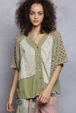 POL Button Down V-Neck Jacket with Printed Woven Patchwork - Trendsi - Flyclothing LLC