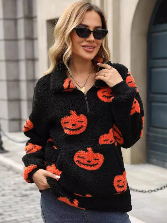 Jack-O'-Lantern Half Zip Long Sleeve Sweatshirt - Trendsi
