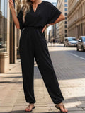 Notched Half Sleeve Straight Jumpsuit - Trendsi - Flyclothing LLC
